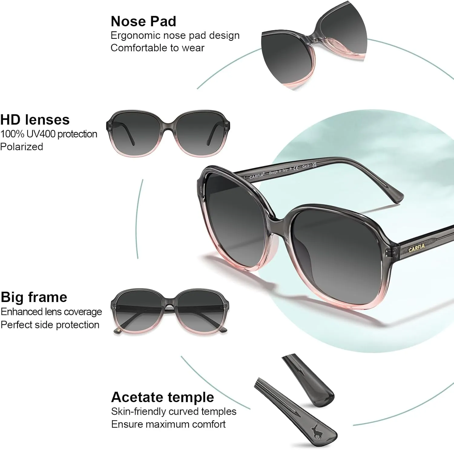 CARFIA Acetate Polarized Sunglasses for Women UV Protection Retro Trendy Big Sunnies CA2024