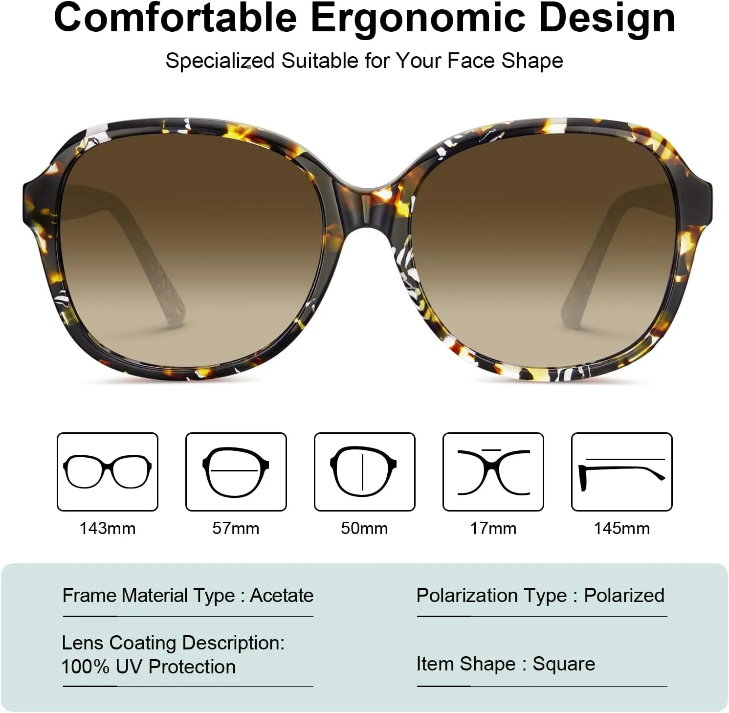 CARFIA Acetate Polarized Sunglasses for Women UV Protection Retro Trendy Big Sunnies CA2024
