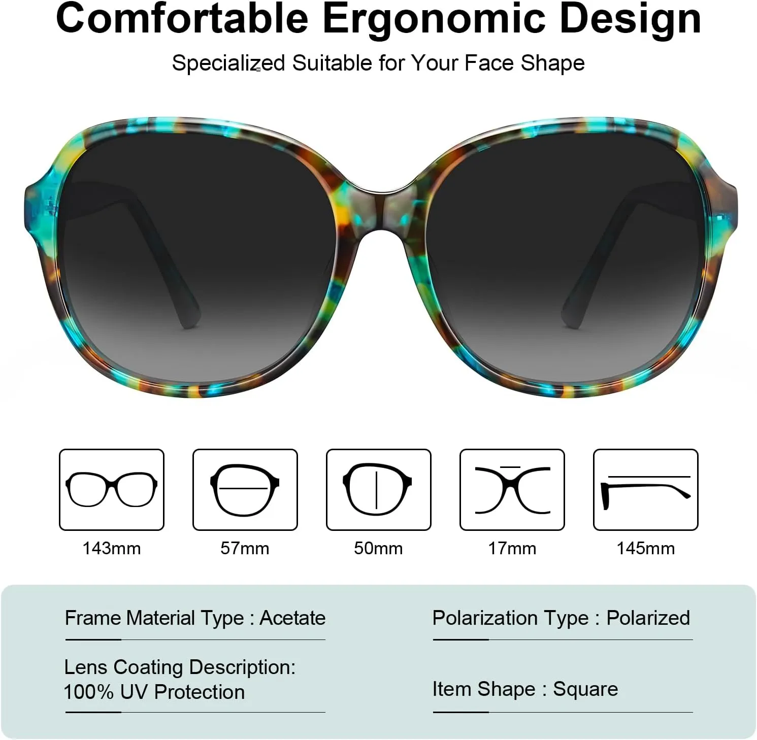 CARFIA Acetate Polarized Sunglasses for Women UV Protection Retro Trendy Big Sunnies CA2024