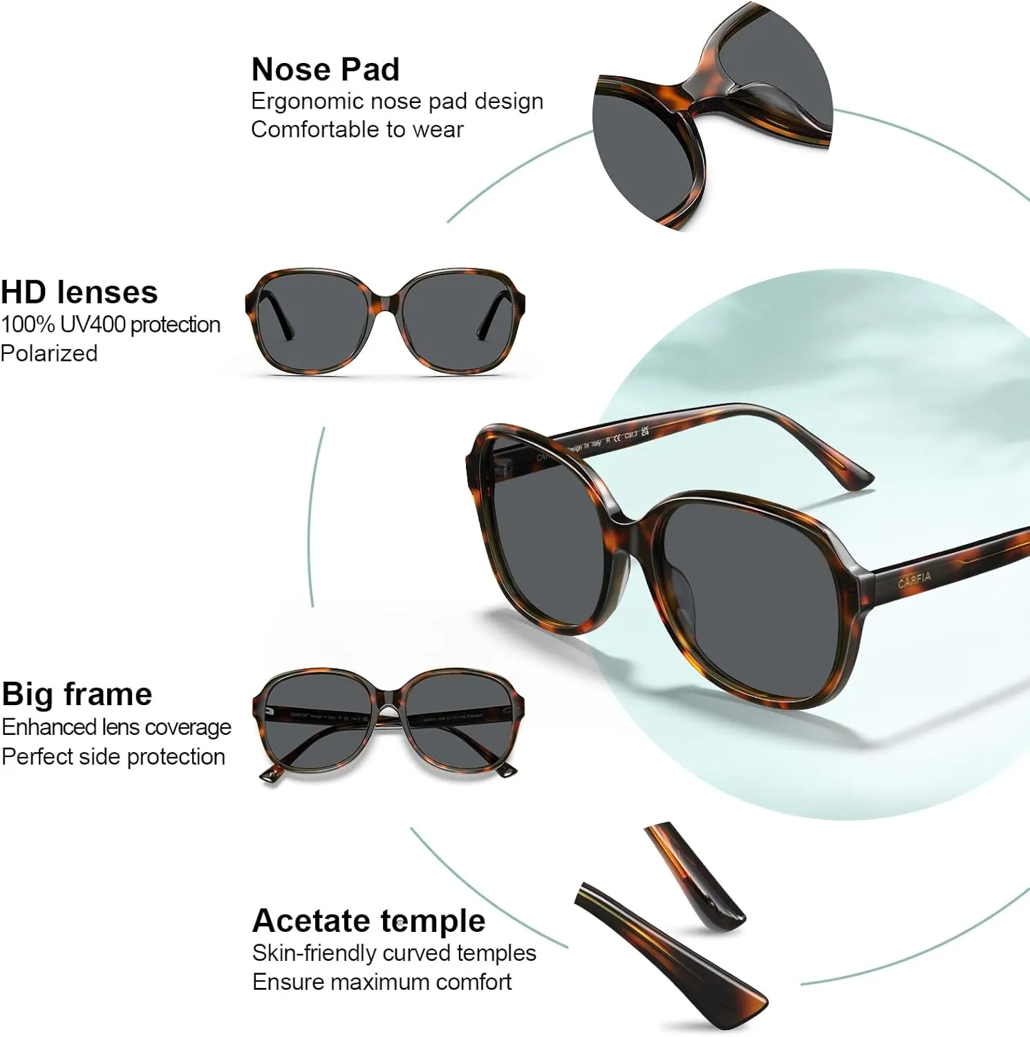CARFIA Acetate Polarized Sunglasses for Women UV Protection Retro Trendy Big Sunnies CA2024
