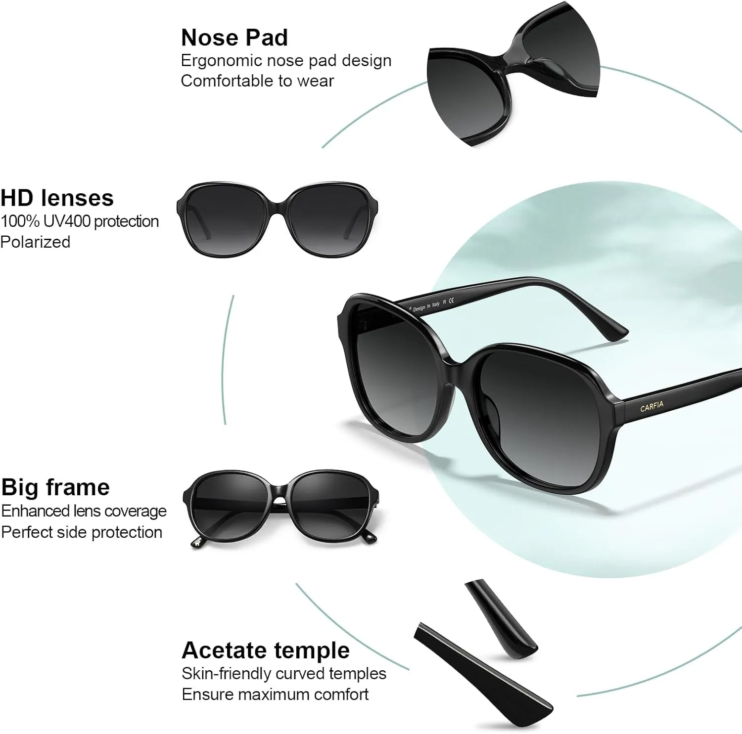 CARFIA Acetate Polarized Sunglasses for Women UV Protection Retro Trendy Big Sunnies CA2024