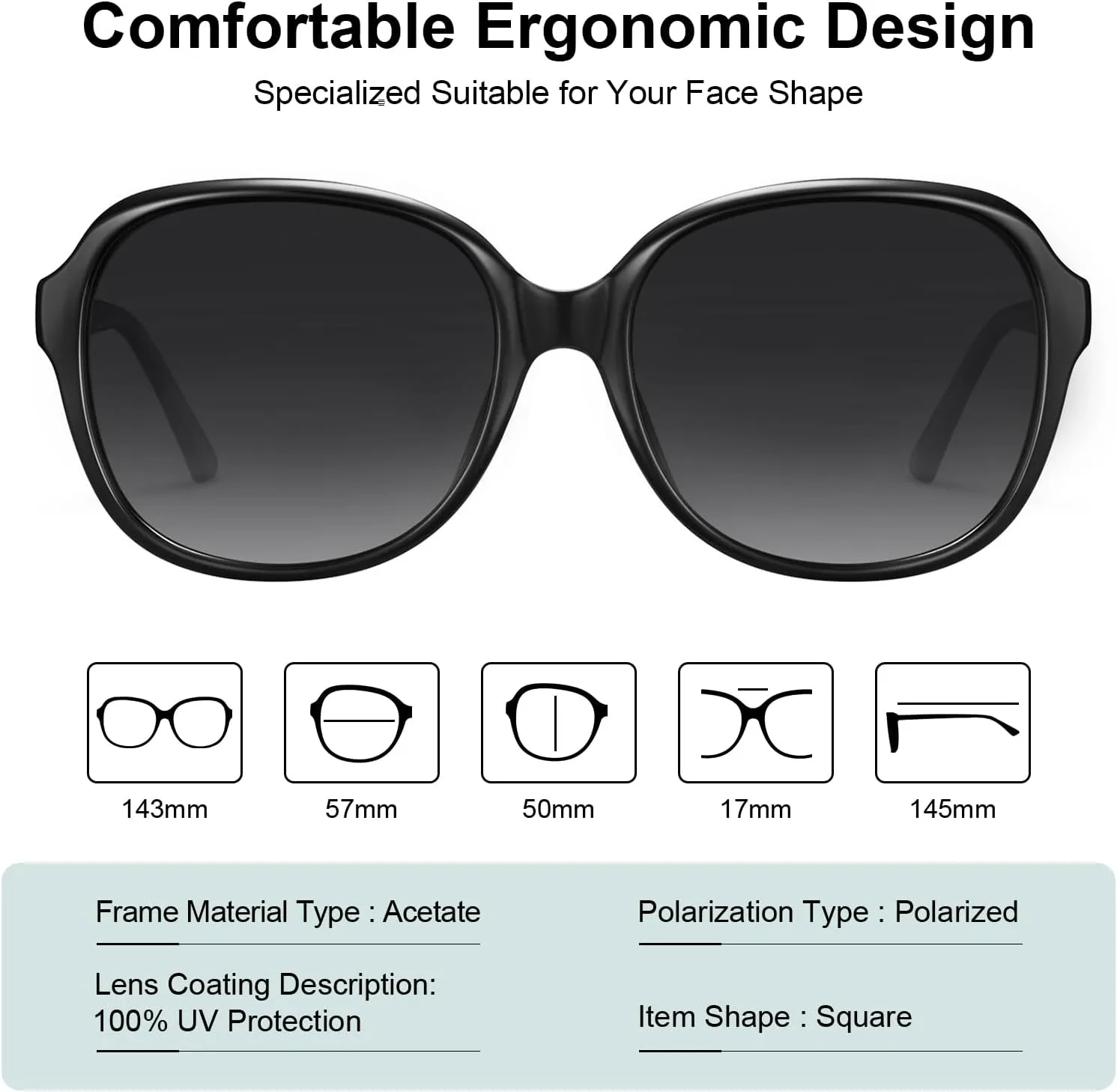 CARFIA Acetate Polarized Sunglasses for Women UV Protection Retro Trendy Big Sunnies CA2024