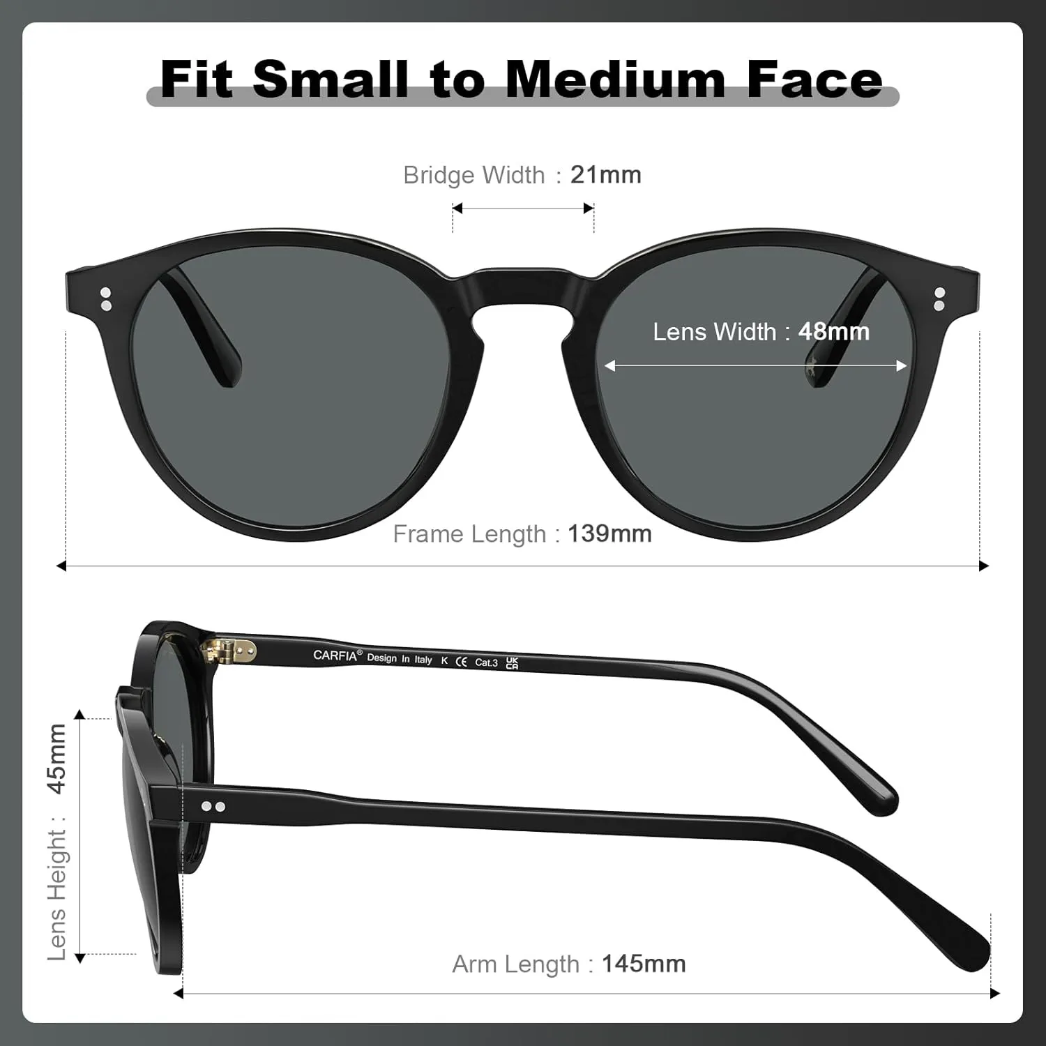CARFIA Round Polarized Sunglasses for Women Small Face UV Protection Acetate Frame Classic Retro Style CA2302