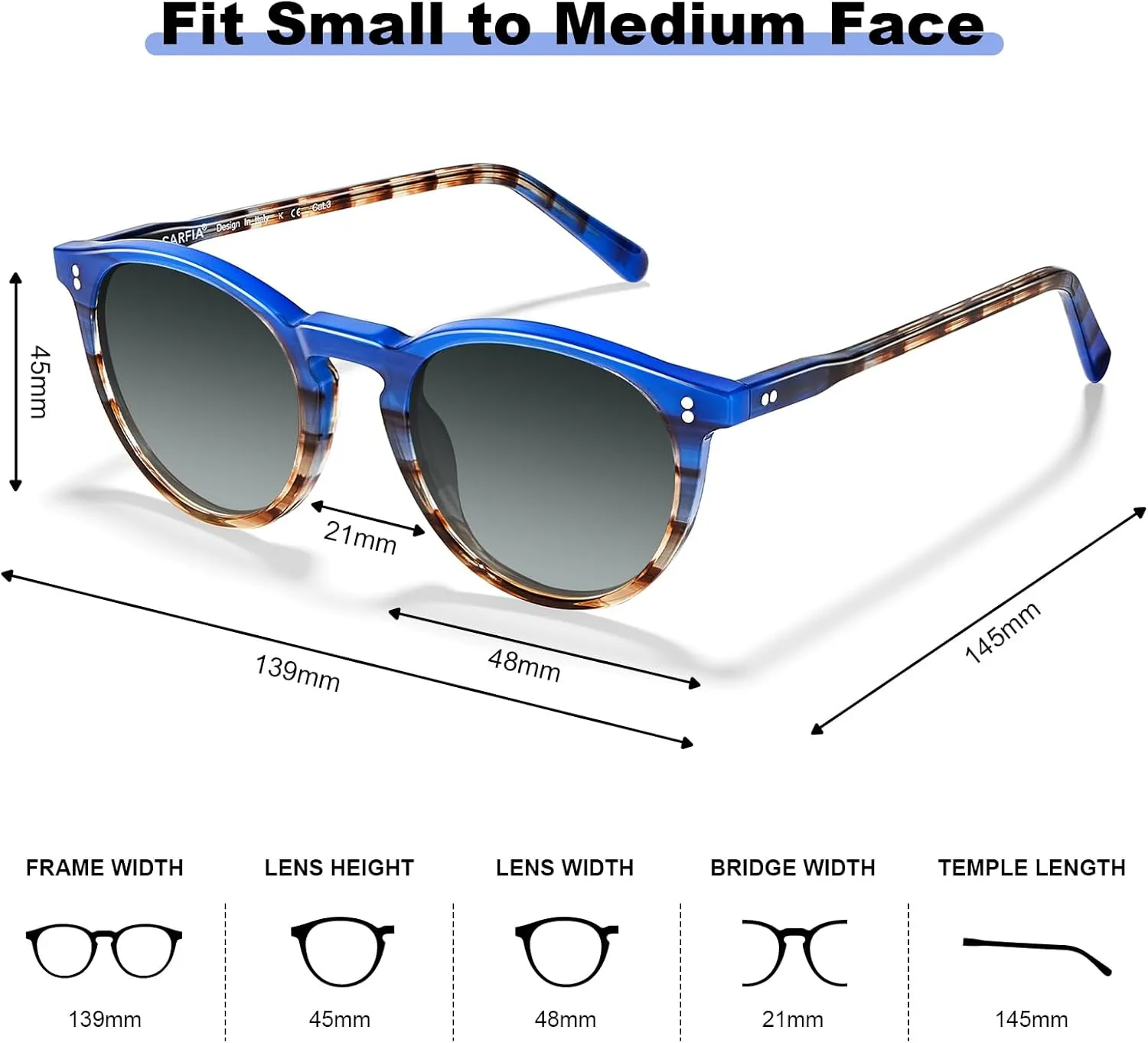 CARFIA Round Polarized Sunglasses for Women Small Face UV Protection Acetate Frame Classic Retro Style CA2302