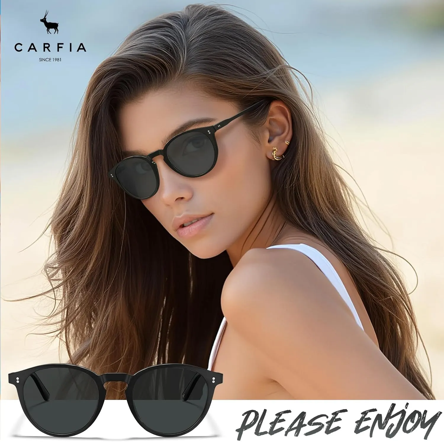 CARFIA Round Polarized Sunglasses for Women Small Face UV Protection Acetate Frame Classic Retro Style CA2302