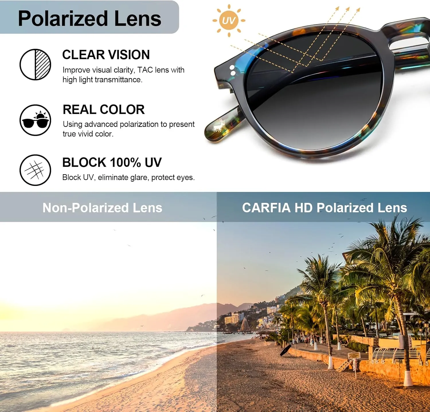 CARFIA Round Polarized Sunglasses for Women Small Face UV Protection Acetate Frame Classic Retro Style CA2302