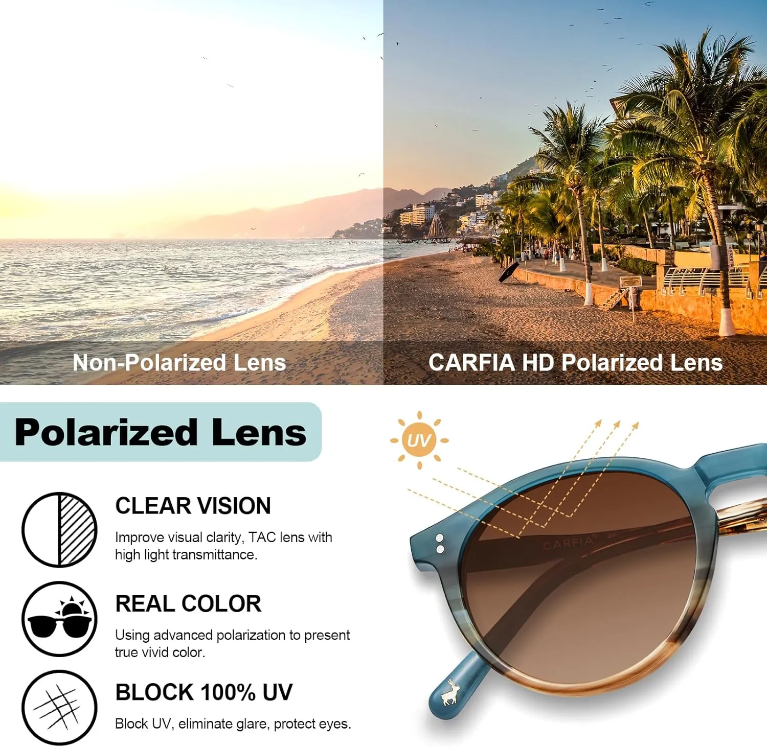 CARFIA Round Polarized Sunglasses for Women Small Face UV Protection Acetate Frame Classic Retro Style CA2302