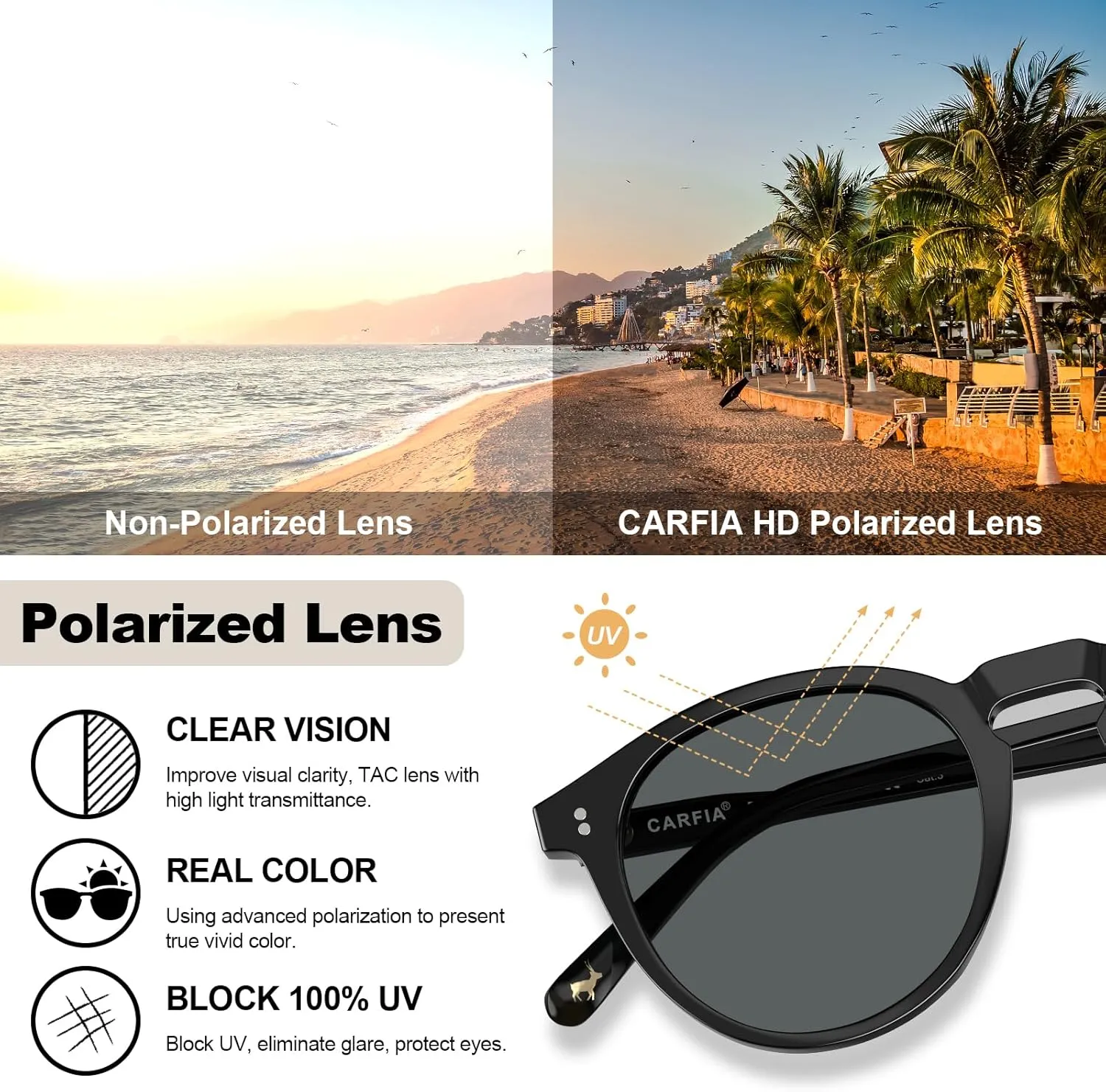 CARFIA Round Polarized Sunglasses for Women Small Face UV Protection Acetate Frame Classic Retro Style CA2302