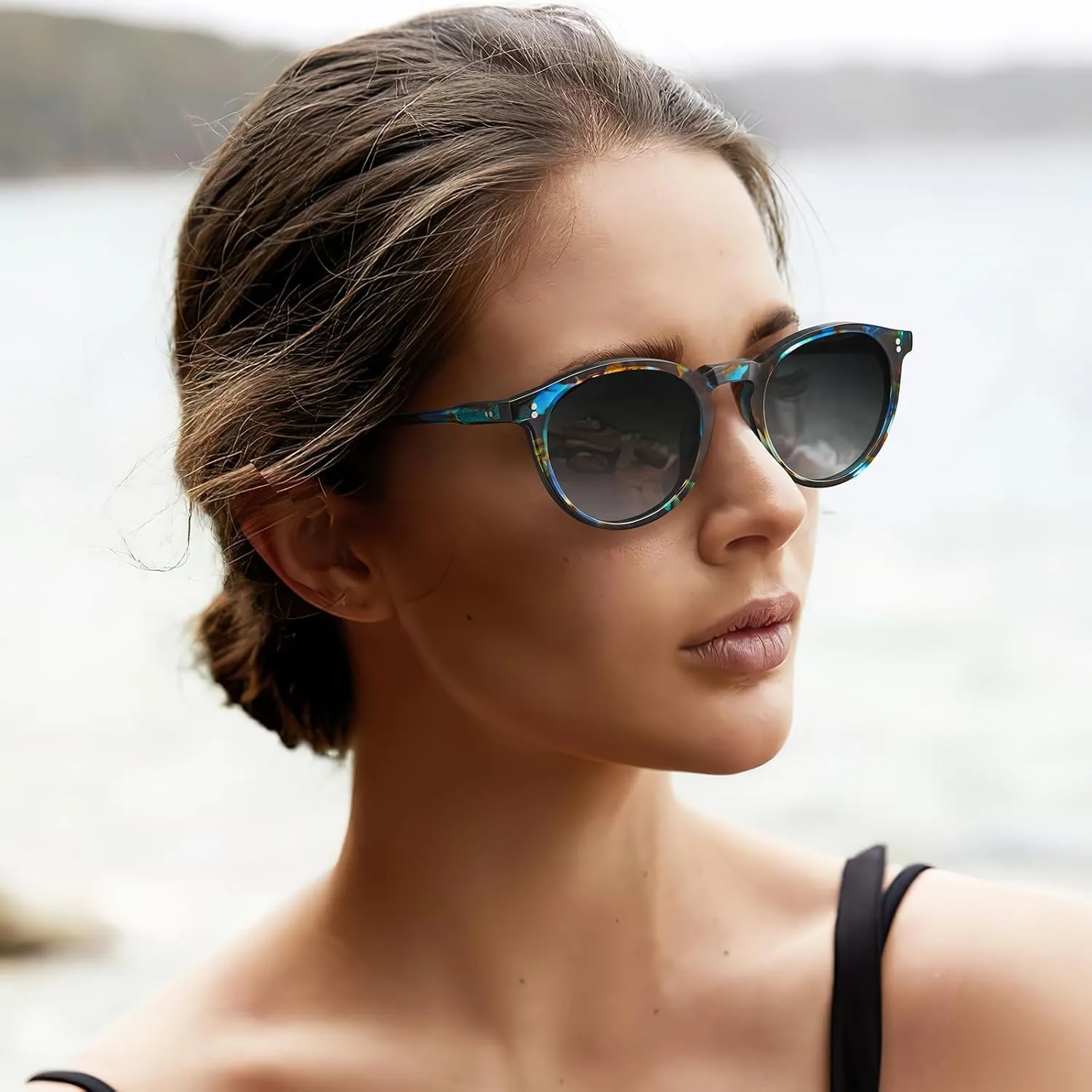 CARFIA Round Polarized Sunglasses for Women Small Face UV Protection Acetate Frame Classic Retro Style CA2302
