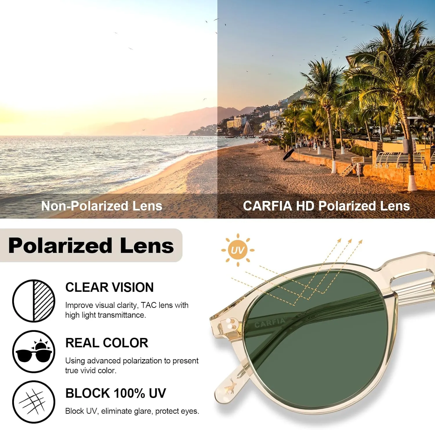 CARFIA Round Polarized Sunglasses for Women Small Face UV Protection Acetate Frame Classic Retro Style CA2302