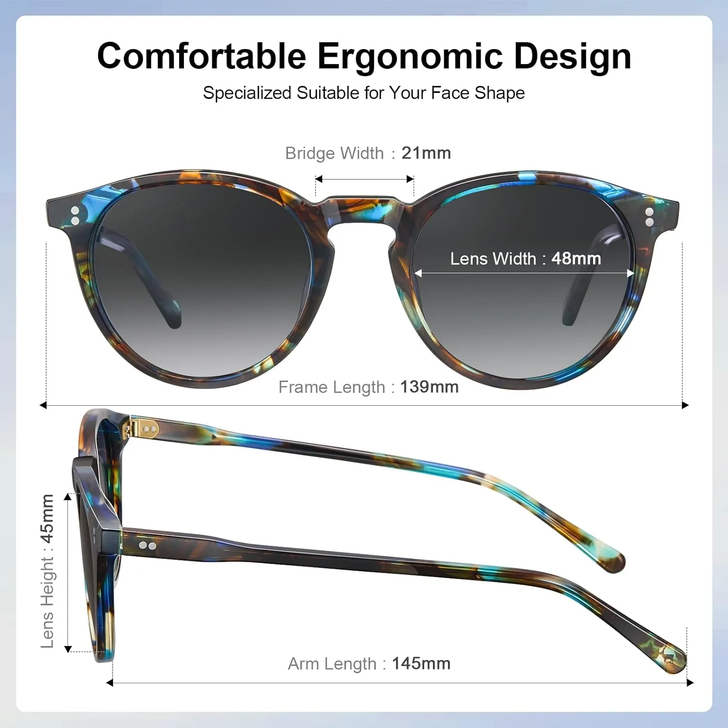 CARFIA Round Polarized Sunglasses for Women Small Face UV Protection Acetate Frame Classic Retro Style CA2302