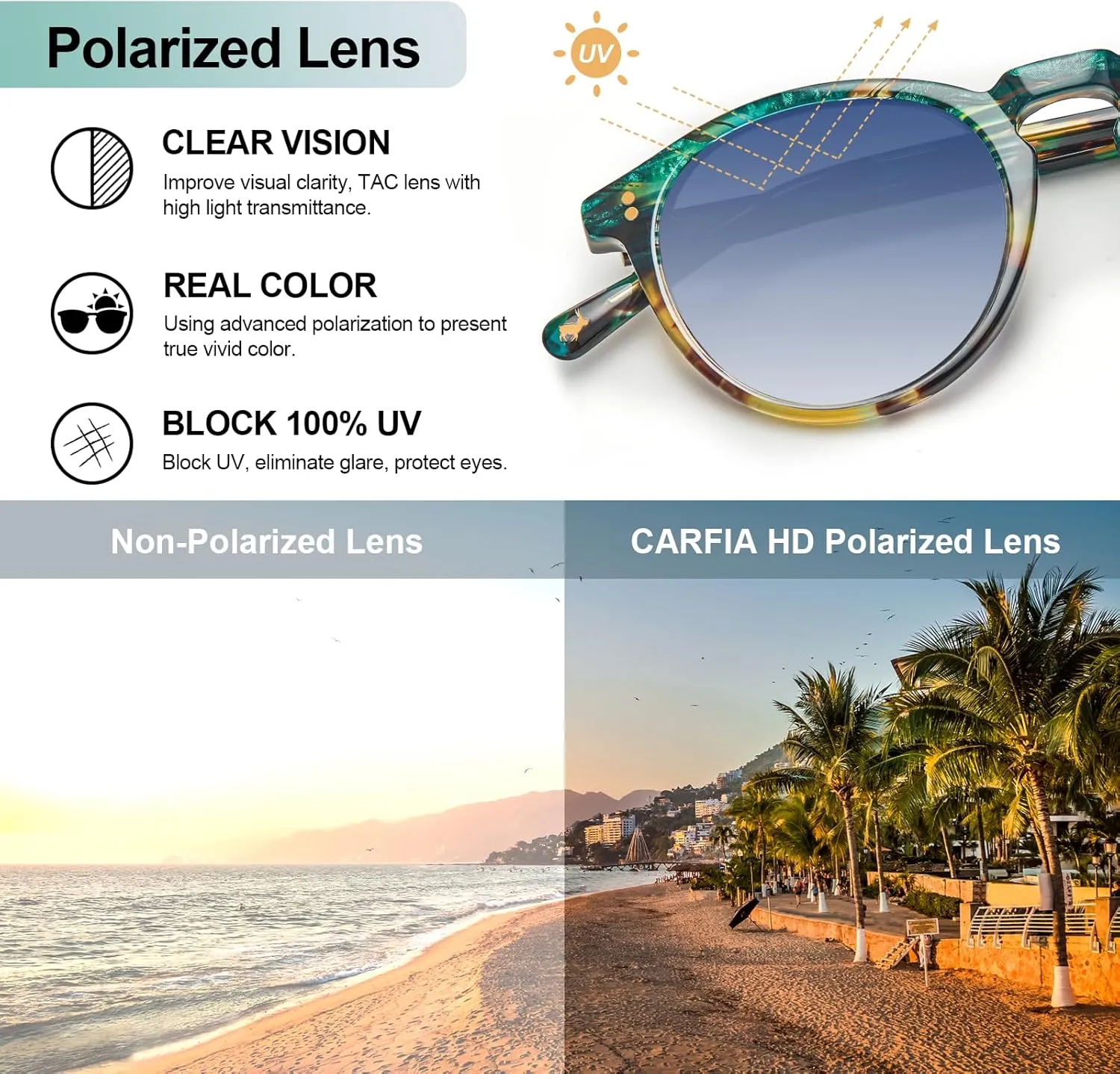 CARFIA Round Polarized Sunglasses for Women Small Face UV Protection Acetate Frame Classic Retro Style CA2302