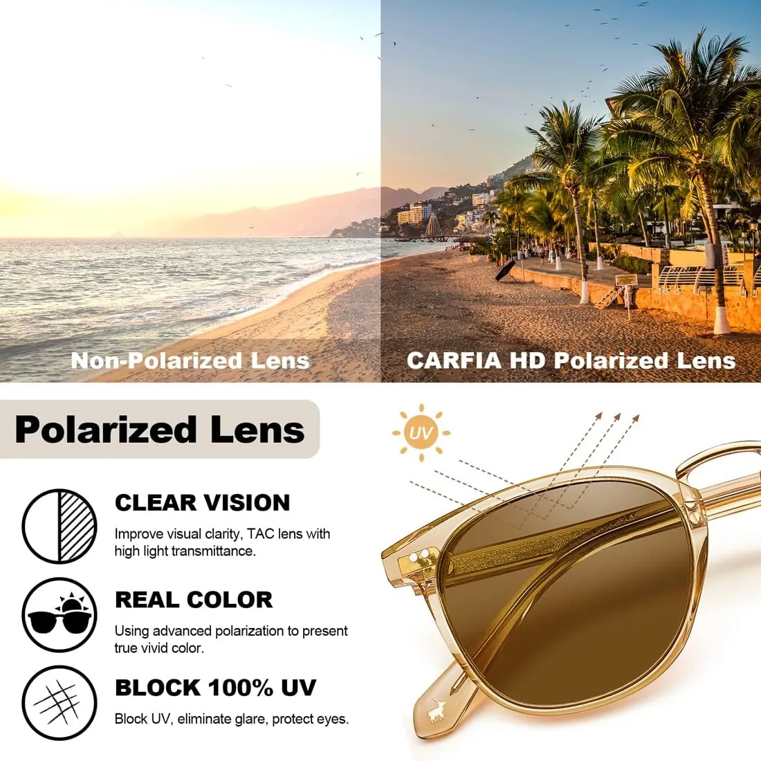 CARFIA Small Face Acetate Polarized Sunglasses for Women UV Protection, Retro Trendy Eyewear Metal Bridge Brow Ladies Sunnies