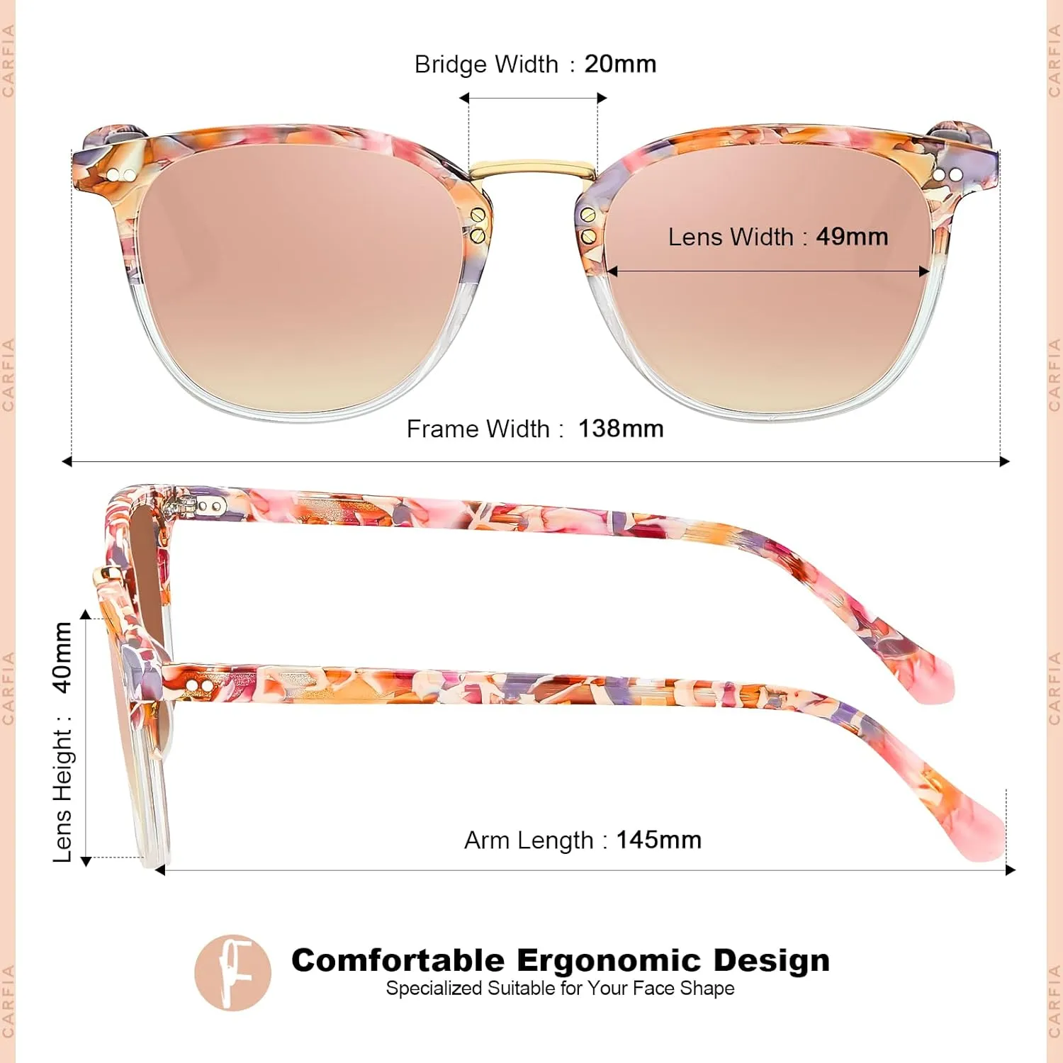 CARFIA Small Face Acetate Polarized Sunglasses for Women UV Protection, Retro Trendy Eyewear Metal Bridge Brow Ladies Sunnies