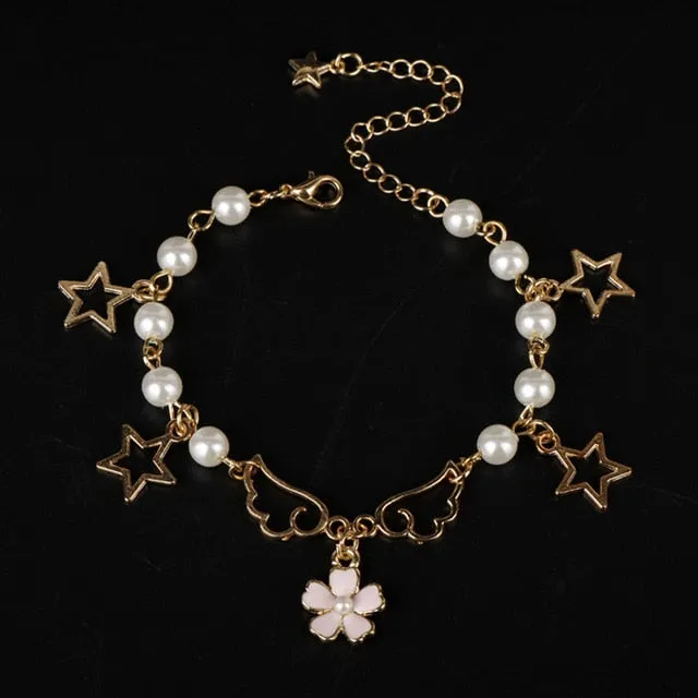 Cartoon Anime Sailor Moon Charm Bracelet Cardcaptor Sakura Flower Pearls Chain Wristlet Bangle Cosplay Gifts for Women Girl Kid