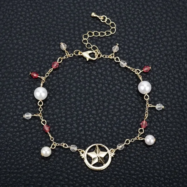Cartoon Anime Sailor Moon Charm Bracelet Cardcaptor Sakura Flower Pearls Chain Wristlet Bangle Cosplay Gifts for Women Girl Kid