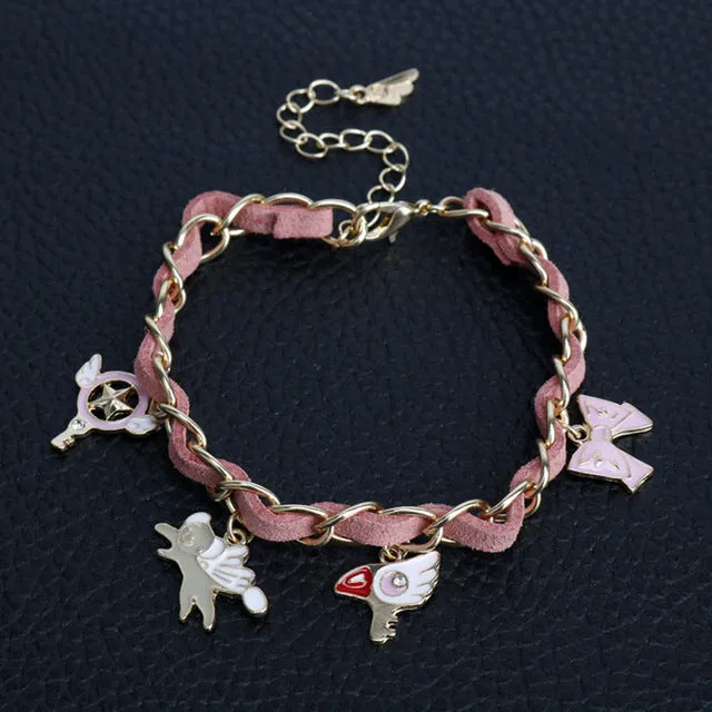 Cartoon Anime Sailor Moon Charm Bracelet Cardcaptor Sakura Flower Pearls Chain Wristlet Bangle Cosplay Gifts for Women Girl Kid