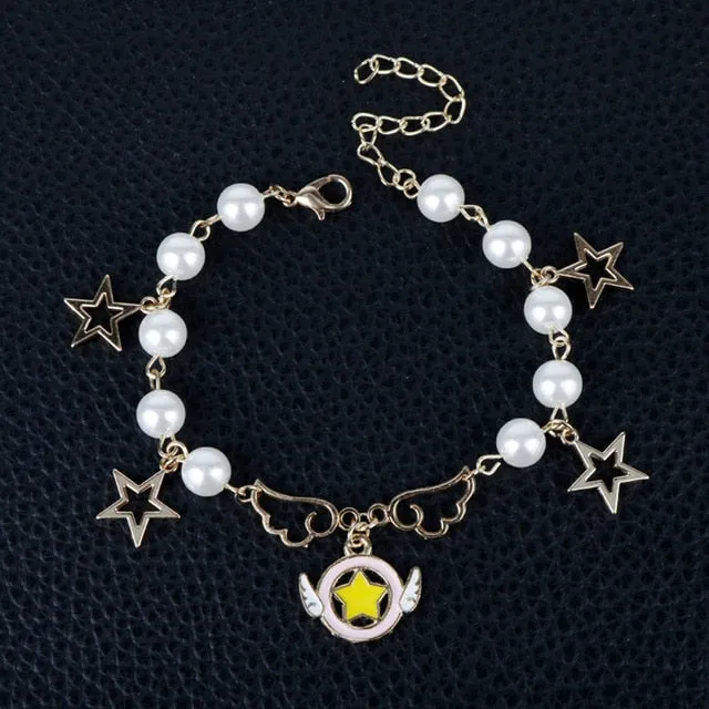 Cartoon Anime Sailor Moon Charm Bracelet Cardcaptor Sakura Flower Pearls Chain Wristlet Bangle Cosplay Gifts for Women Girl Kid