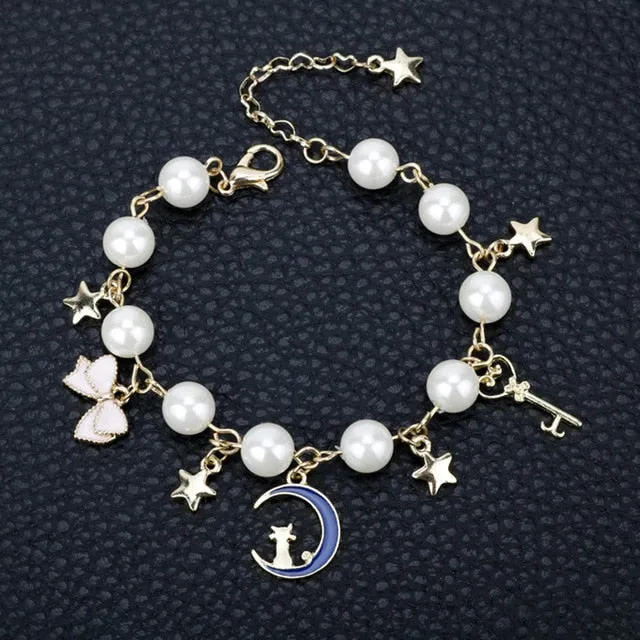 Cartoon Anime Sailor Moon Charm Bracelet Cardcaptor Sakura Flower Pearls Chain Wristlet Bangle Cosplay Gifts for Women Girl Kid