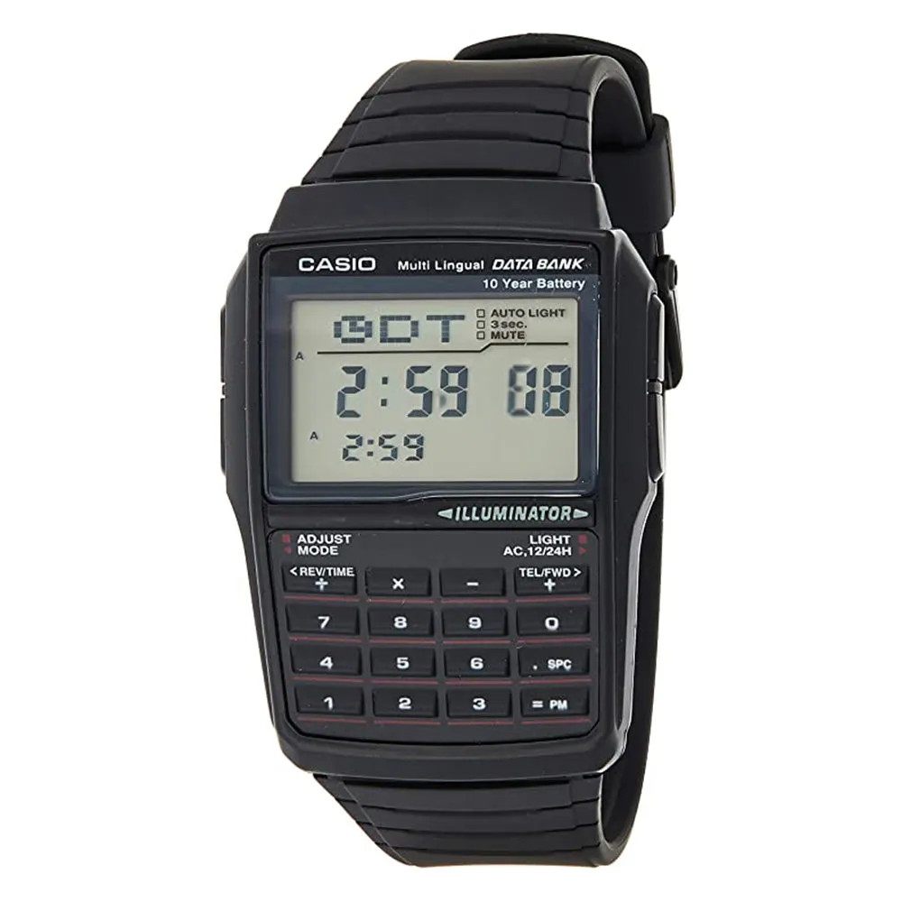 Casio Mens Data Bank Resin Case Mineral Dial Window Japanese Quartz Movement Black Digital Watch - DBC-32-1ADF