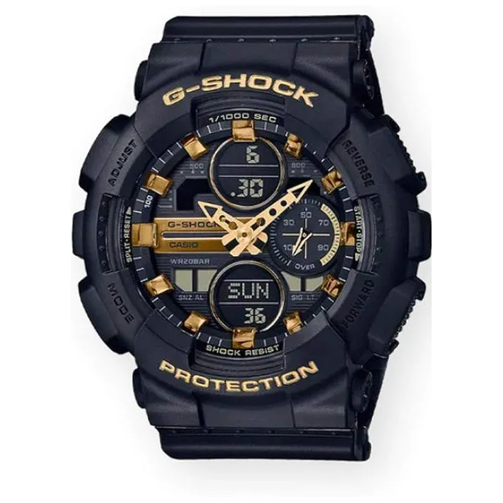 Casio Women's Black Gold Dial Black Resin Band Analog Digital G-Shock Japanese Quartz Watch - GMAS140M-1A