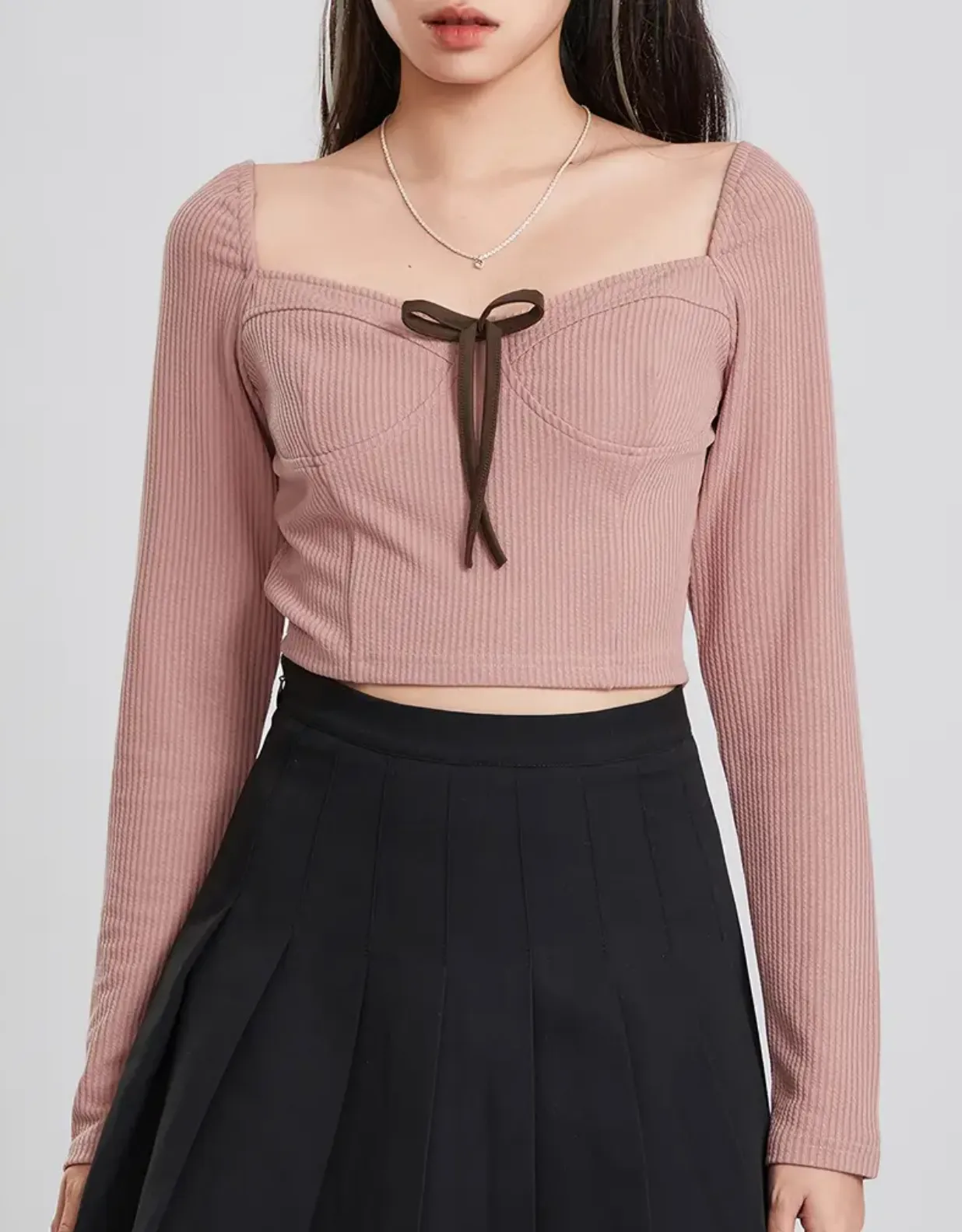 Casual Ribbed Cotton Long Sleeve Crop Top with Sweetheart Neckline and Bow Tie Detail