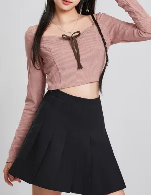 Casual Ribbed Cotton Long Sleeve Crop Top with Sweetheart Neckline and Bow Tie Detail