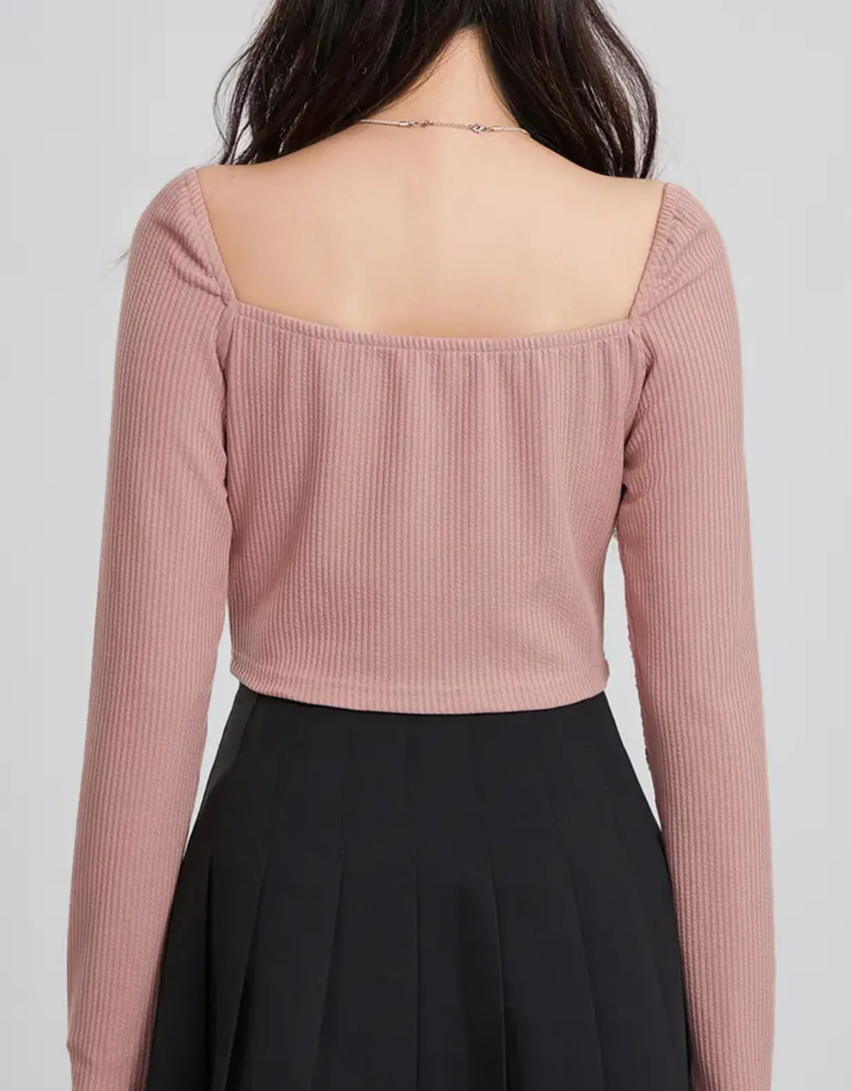 Casual Ribbed Cotton Long Sleeve Crop Top with Sweetheart Neckline and Bow Tie Detail