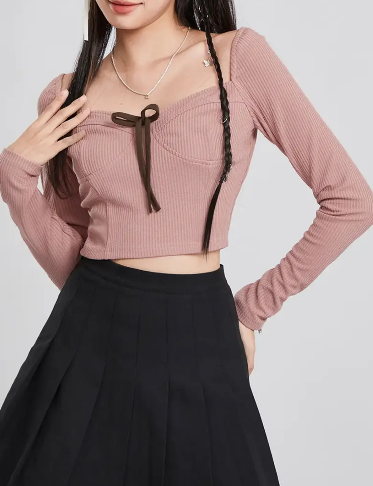 Casual Ribbed Cotton Long Sleeve Crop Top with Sweetheart Neckline and Bow Tie Detail