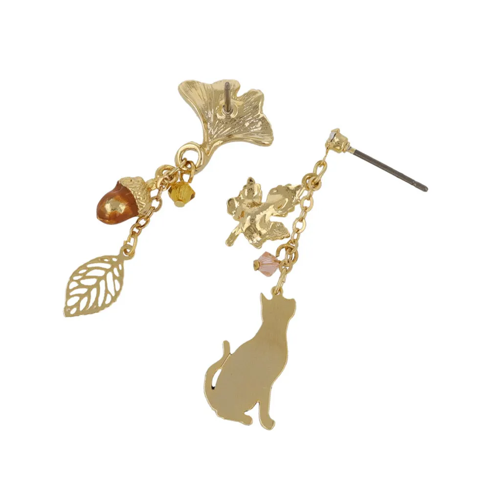 Cat and Fall Foliage Mismatched Earrings