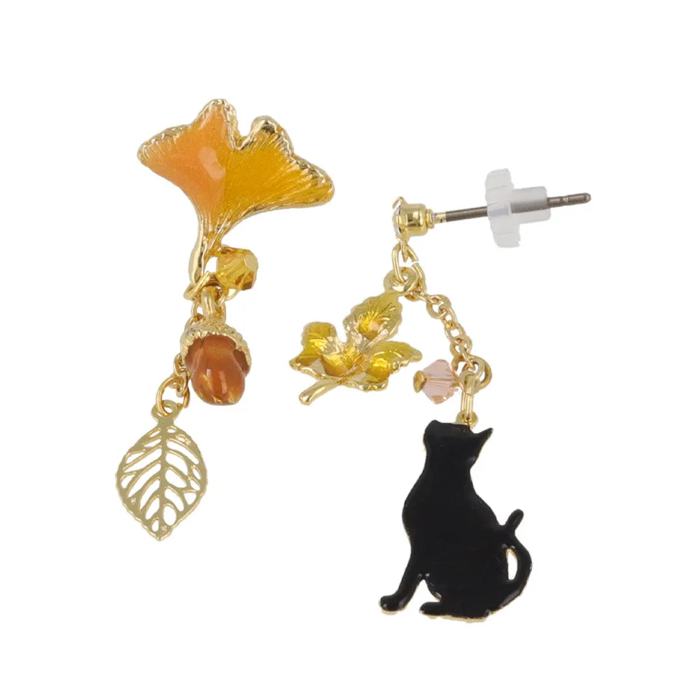 Cat and Fall Foliage Mismatched Earrings