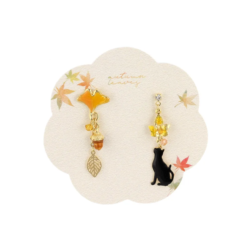 Cat and Fall Foliage Mismatched Earrings