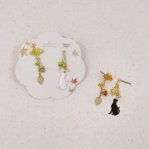 Cat and Fall Foliage Mismatched Earrings