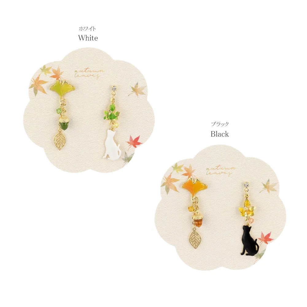 Cat and Fall Foliage Mismatched Earrings