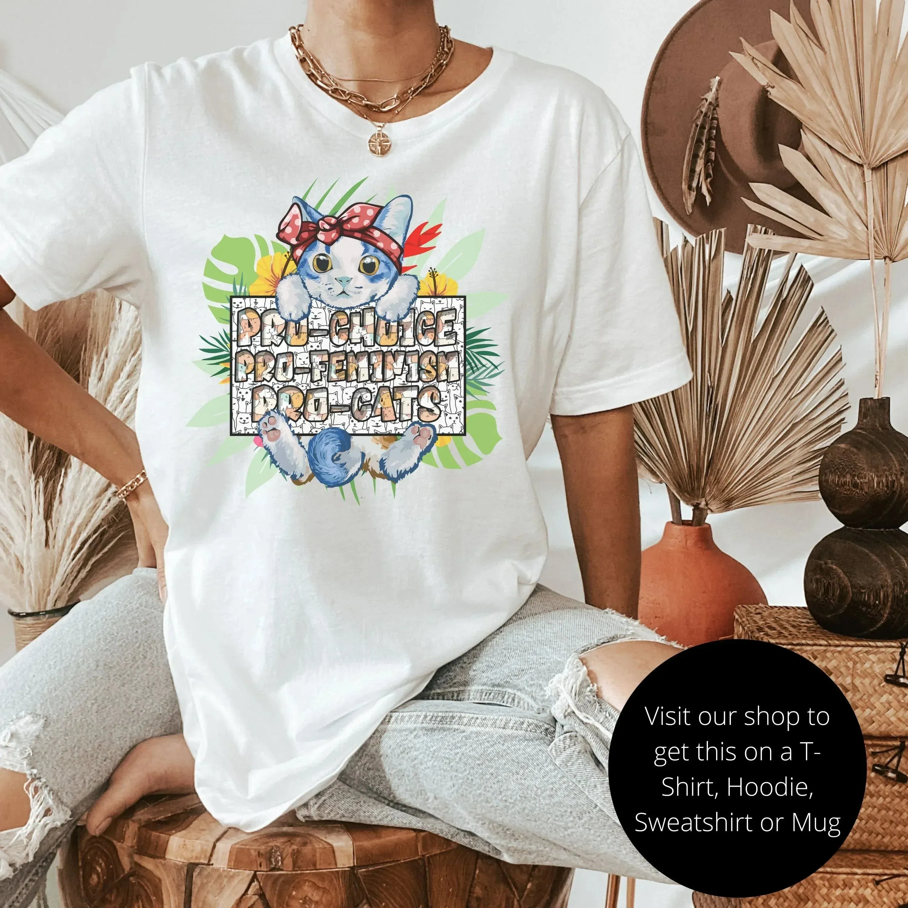 Cat Tote Bag, Aesthetic Tote Bag with Pockets, Hippie Cat Lovers Gift, Cat Mom Canvas Bag, Pro Choice Pro Feminism, Funny Cat Themed Gifts