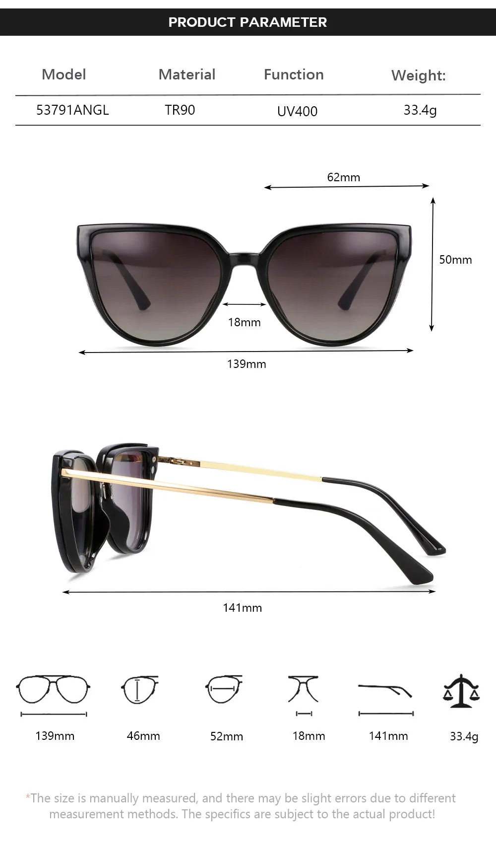 CCspace Unisex Full Rim Oversized Square Tr 90 Frame Eyeglasses Clip On Sunglasses 53791