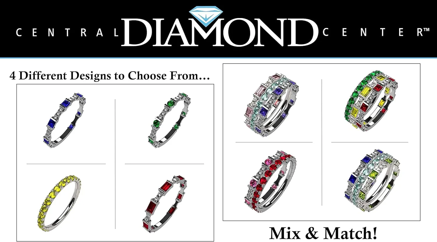 Central Diamond Center Stackable Birthstone Ring Band w/Simulated Birthstones, Sterling Silver