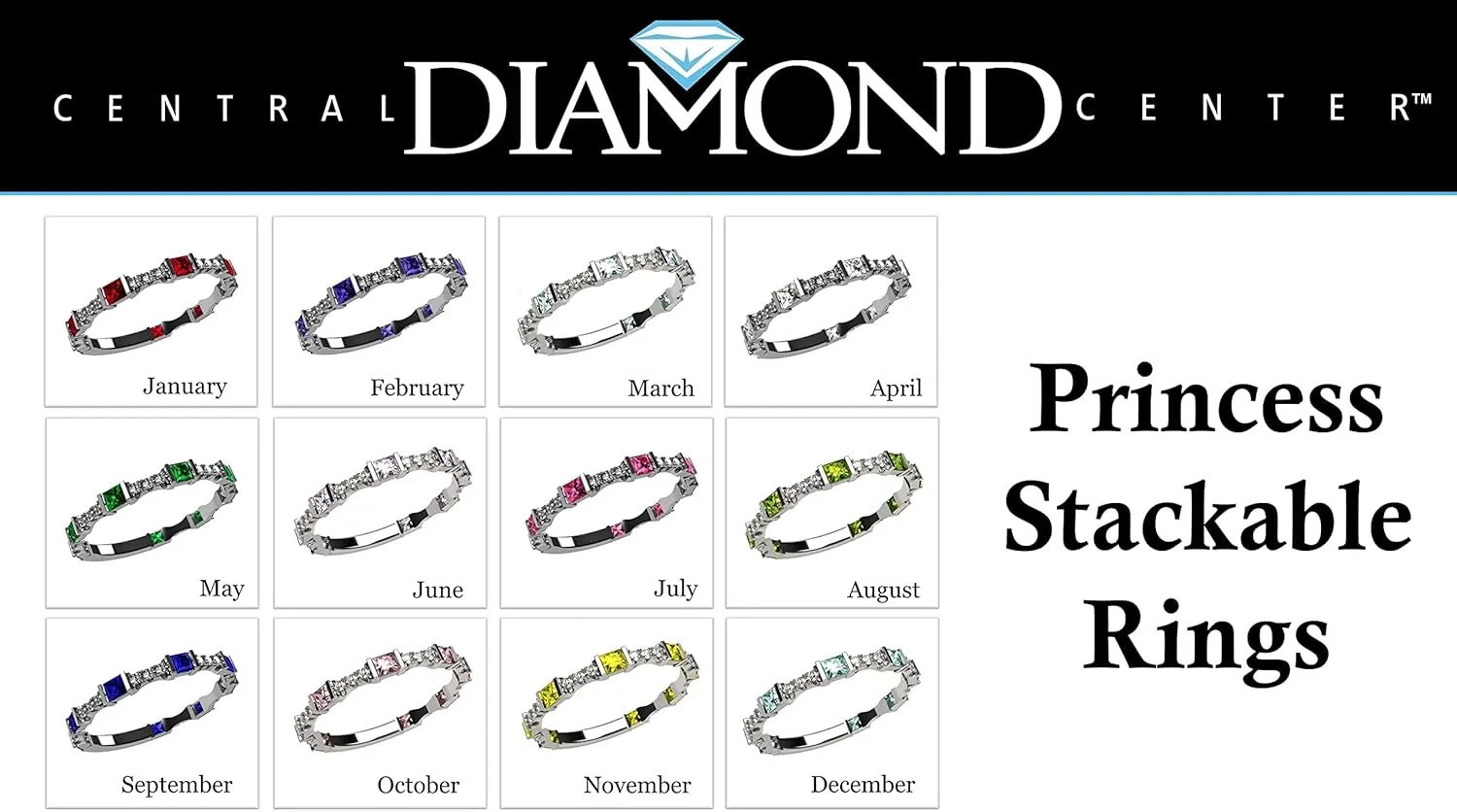 Central Diamond Center Stackable Birthstone Ring Band w/Simulated Birthstones, Sterling Silver