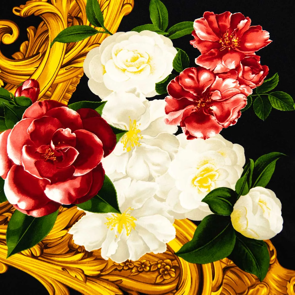 Chanel Black & Red Camellia Silk Floral Scarf