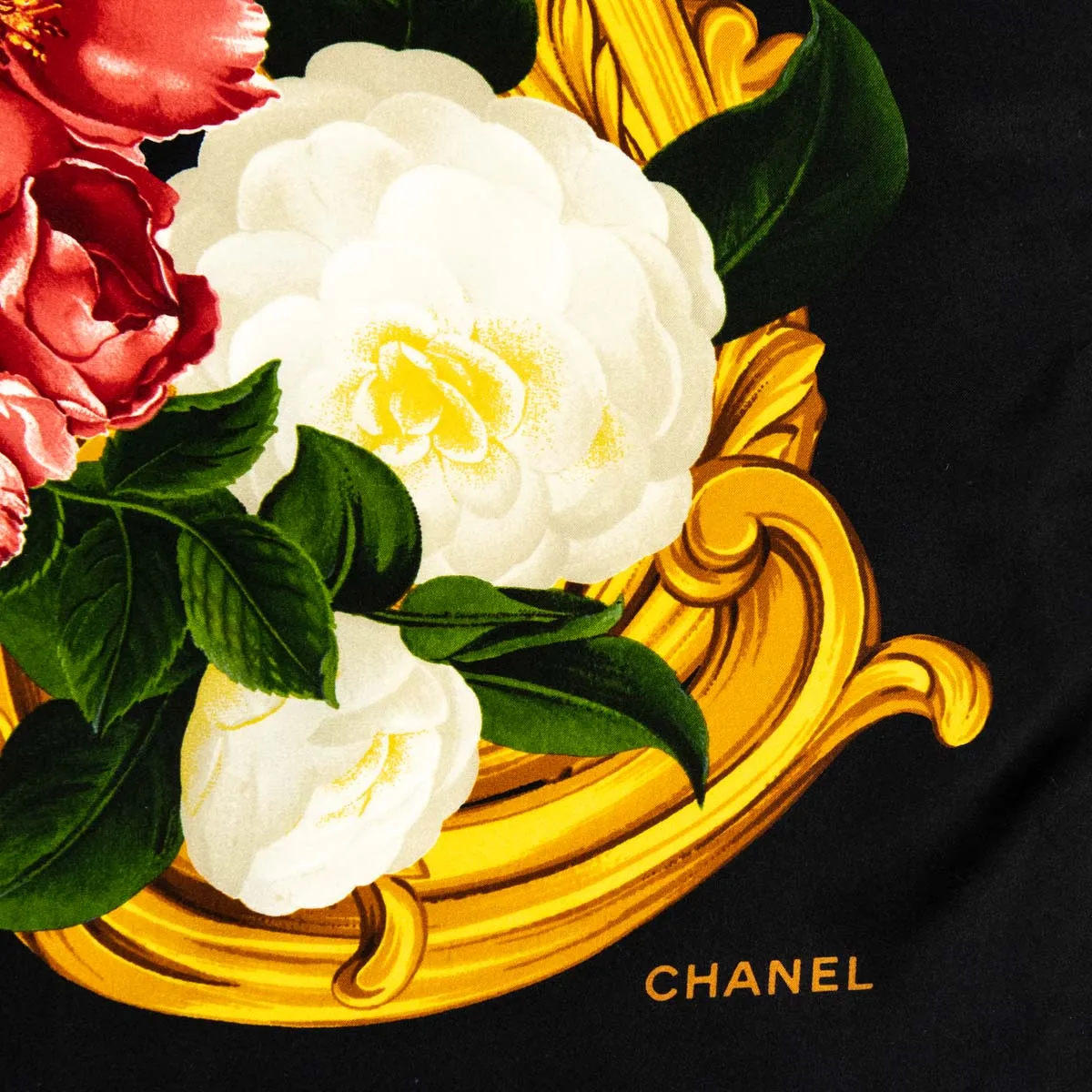 Chanel Black & Red Camellia Silk Floral Scarf