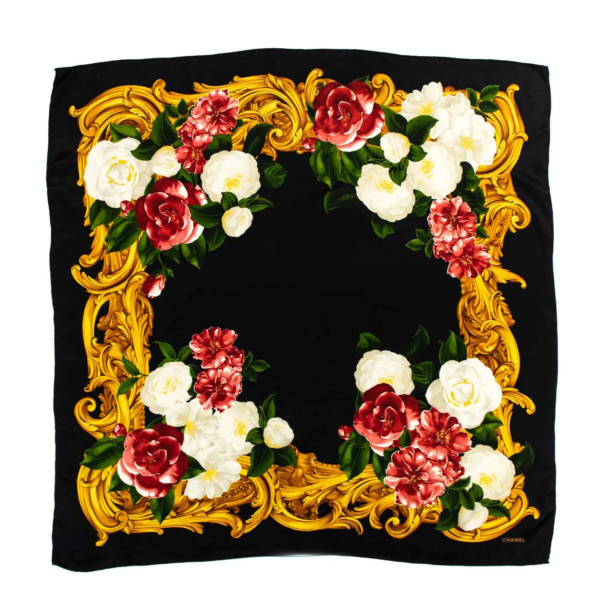 Chanel Black & Red Camellia Silk Floral Scarf