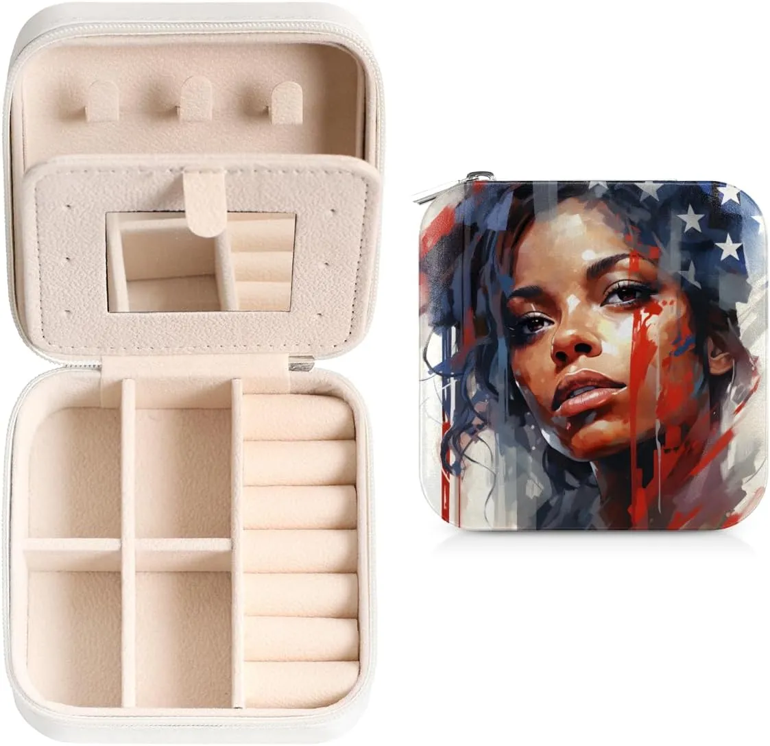 Characters Patterned Jewelry Case Portable Organizer Storage with Mirror Small Travel Velvet Jewelry Box PU LeatherJewelry Bag Smooth Zipper for Ring Earrings Necklace Women Gifts