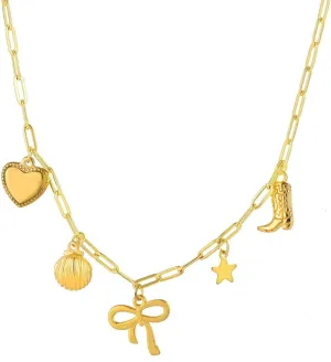 Charm Necklace for Women Pearl Pink Starfish Seashell Necklace Bow Heart Paperclip Chain Choker Necklace 14k Gold Summer Beach Surfer Jewelry for Women