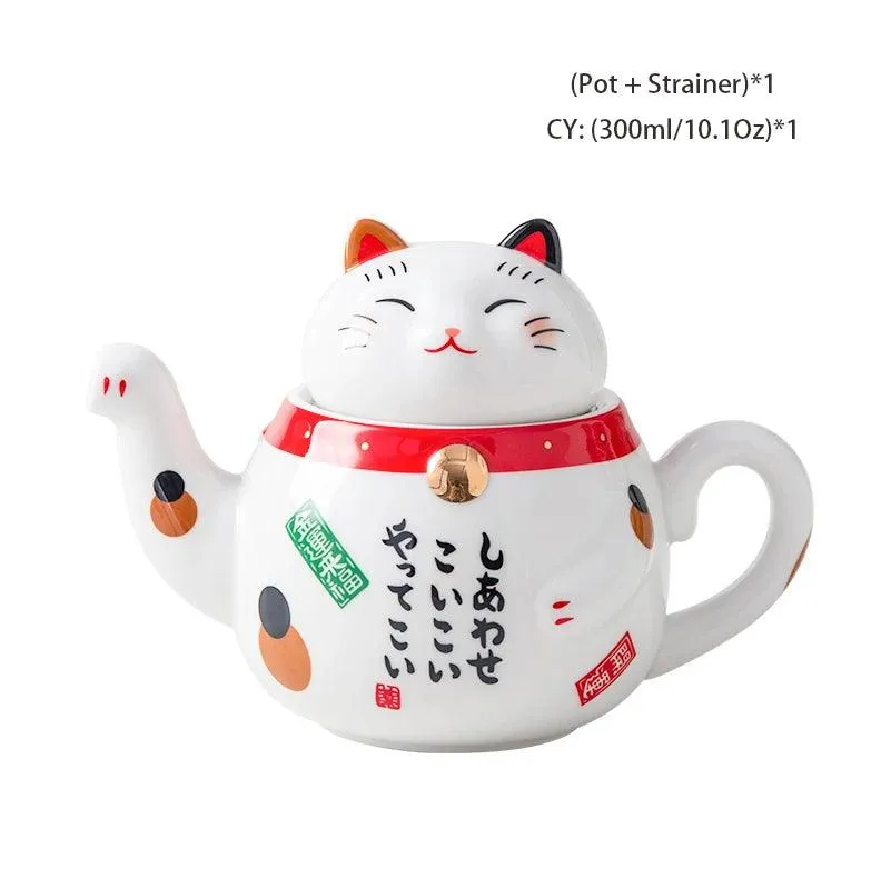 Charming Maneki Neko Porcelain Cat Tea Set with Plutus Teapot for Enchanting Tea Experiences