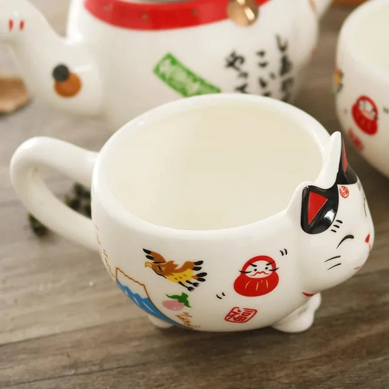 Charming Maneki Neko Porcelain Cat Tea Set with Plutus Teapot for Enchanting Tea Experiences