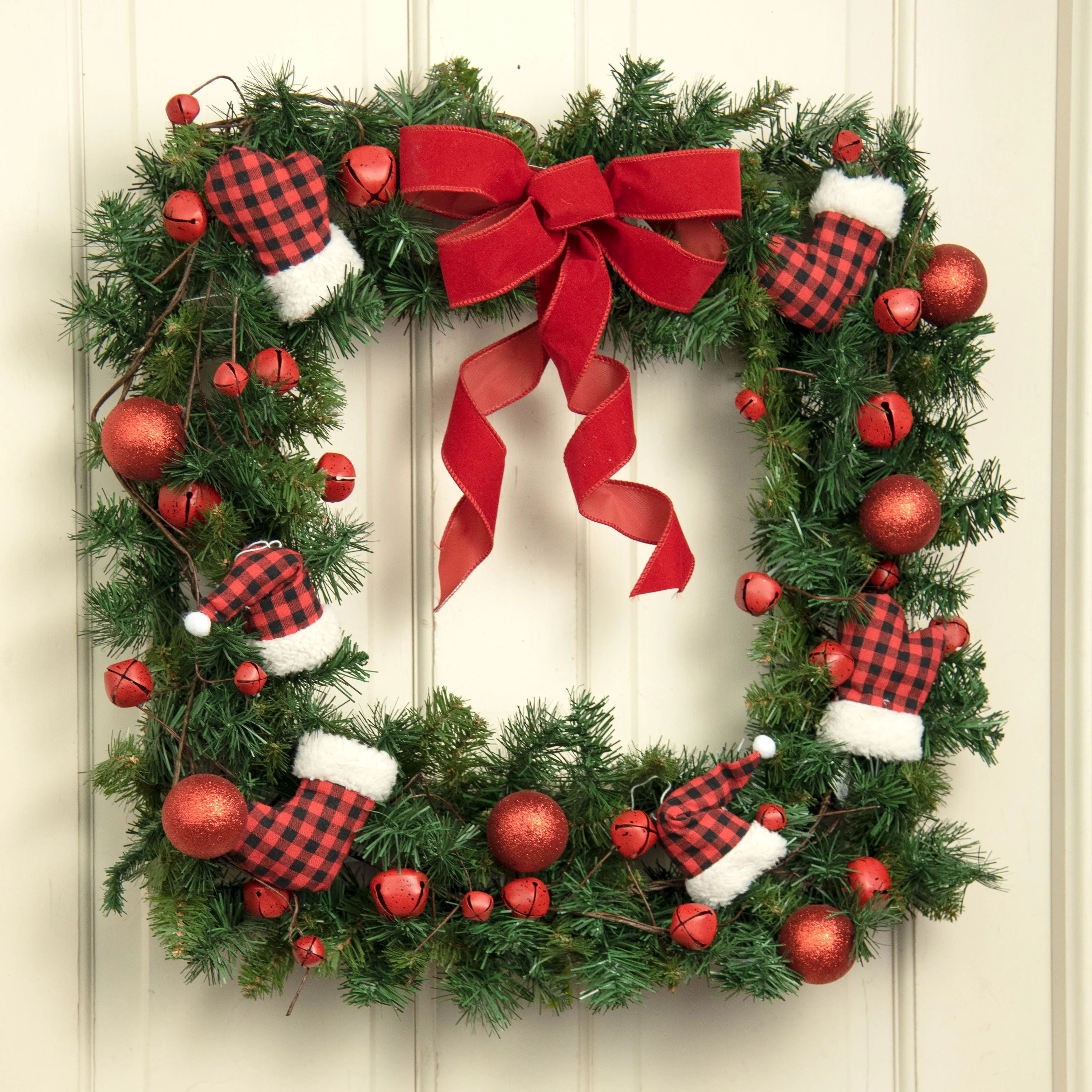 Check Hat, Stocking, Mitten Ornament Set: Red & Black (12)