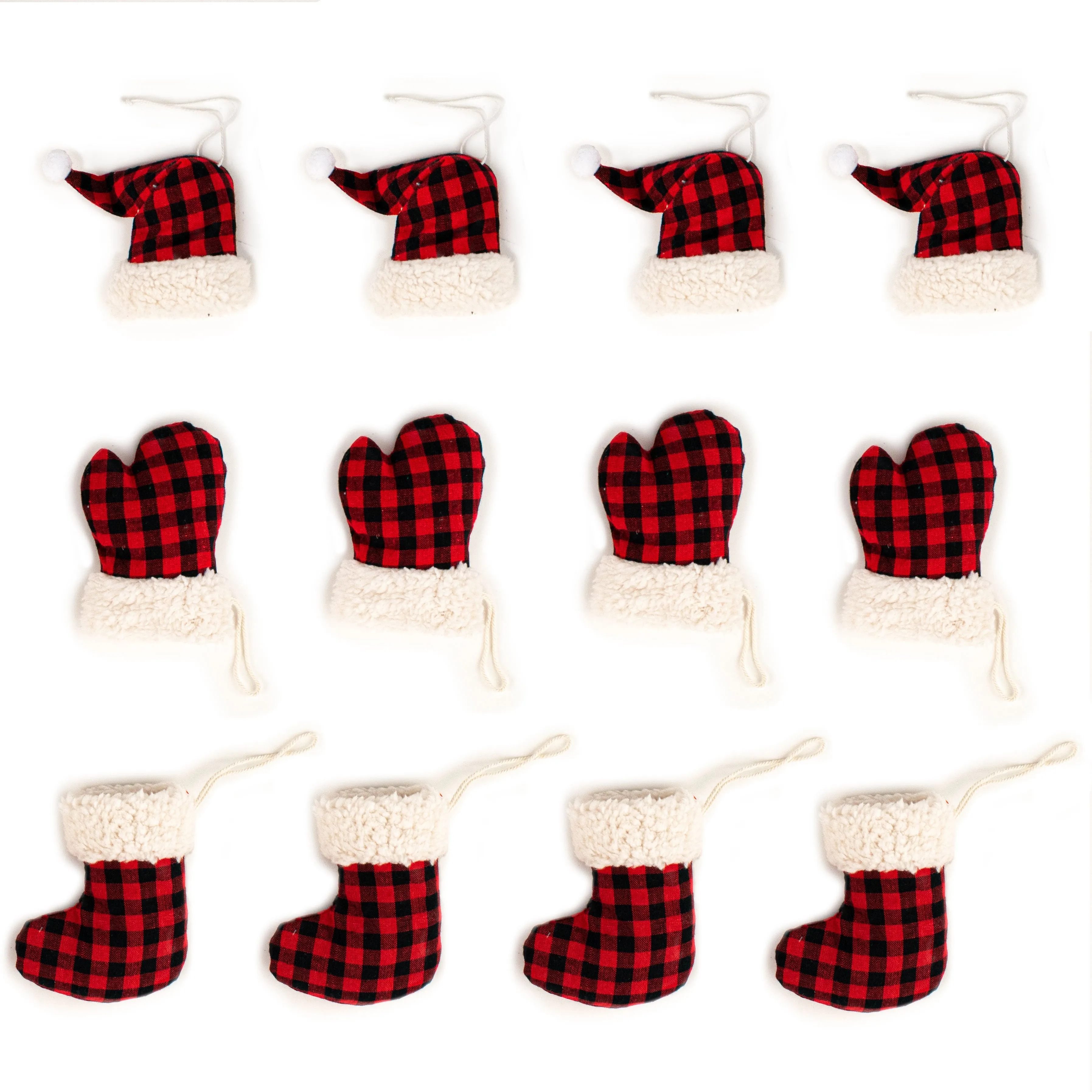 Check Hat, Stocking, Mitten Ornament Set: Red & Black (12)