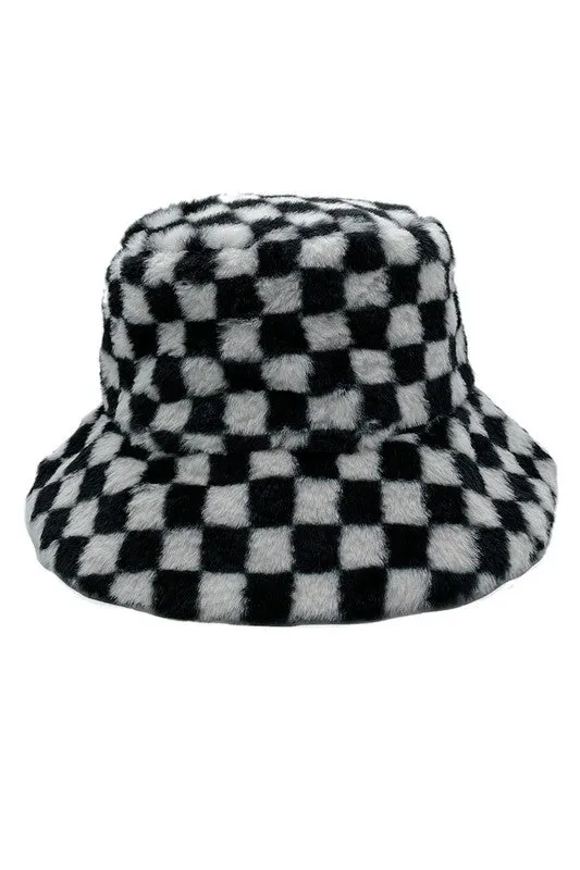 Checkered Printed Fur Bucket Hat