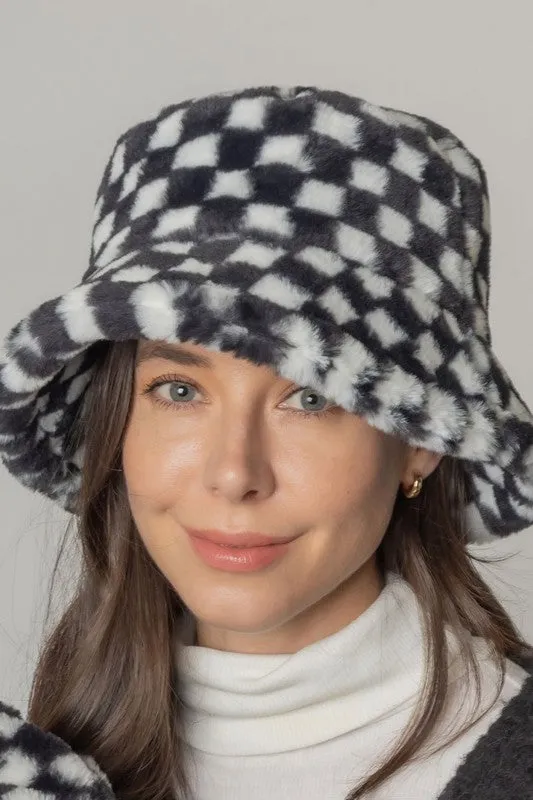 Checkered Printed Fur Bucket Hat