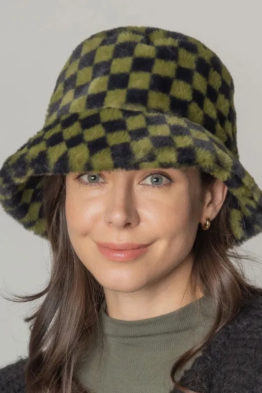 Checkered Printed Fur Bucket Hat